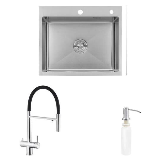 Головне фото - Комплект кухонна мийка Kroner Gebürstet-6050HM + змішувач Klassisch-ESG03815BLK + дозатор Spender-016