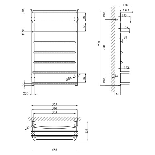 Додаткове фото - Сушарка для рушників водяна Kroner KRP Stern WT900x500-8