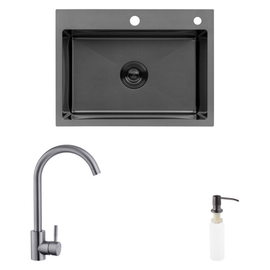 Головне фото - Комплект кухонна мийка Kroner Schwarze-5843HM PVD + змішувач Edelstahl Klassisch-SCH035PVD + дозатор Spender-026