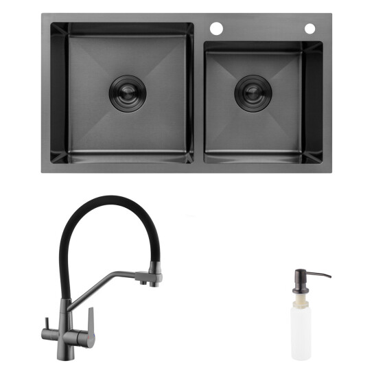 Головне фото - Комплект кухонна мийка Kroner Schwarze-7843ZHM PVD + змішувач Edelstahl Klassisch-PVD03817BLK + дозатор Spender-026