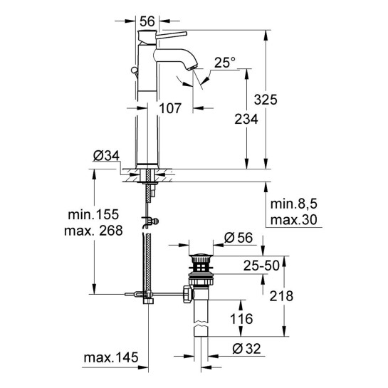 Додаткове фото - Змішувач для раковини Grohe BauClassic XL-Size 32868000 з донним клапаном