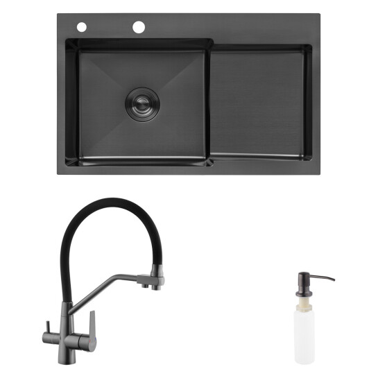 Головне фото - Комплект кухонна мийка Kroner Schwarze-7848LHM PVD + змішувач Edelstahl Klassisch-PVD03817BLK + дозатор Spender-026