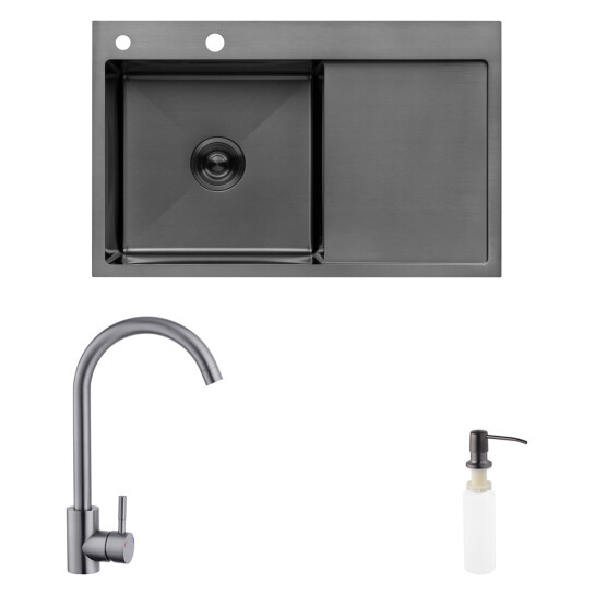 Головне фото - Комплект кухонна мийка Kroner Schwarze-7849LHM PVD + змішувач Edelstahl Klassisch-SCH035PVD + дозатор Spender-026