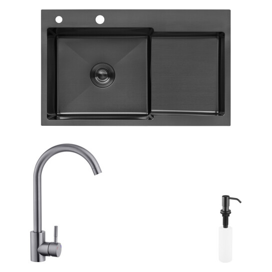 Головне фото - Комплект кухонна мийка Kroner Schwarze-7848LHM PVD + змішувач Edelstahl Klassisch-SCH035PVD + дозатор Spender-SCH049