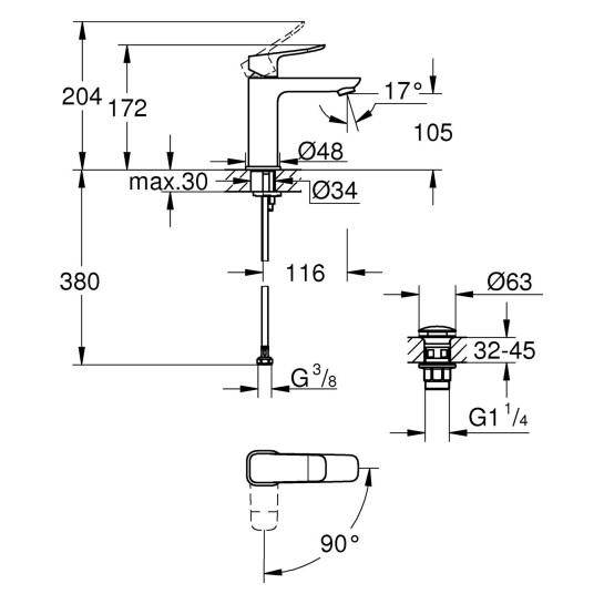 Додаткове фото - Змішувач для раковини Grohe QuickFix Dice ES M-Size 1018362430 з донним клапаном