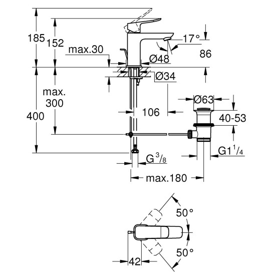 Додаткове фото - Змішувач для раковини Grohe QuickFix Dice S-Size 1018560000 з донним клапаном