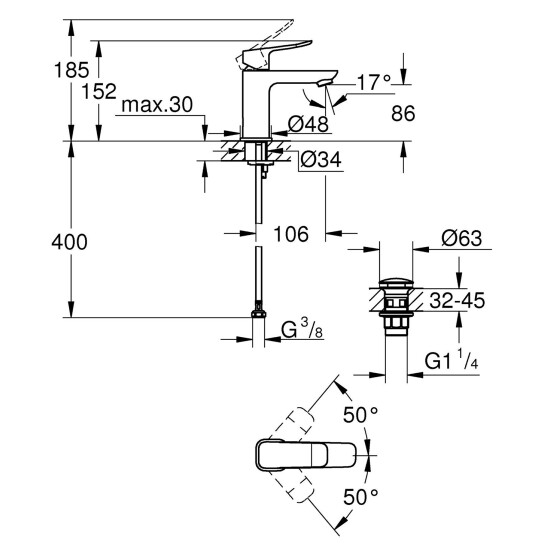 Додаткове фото - Змішувач для раковини Grohe QuickFix Dice S-Size 1018572430 з донним клапаном