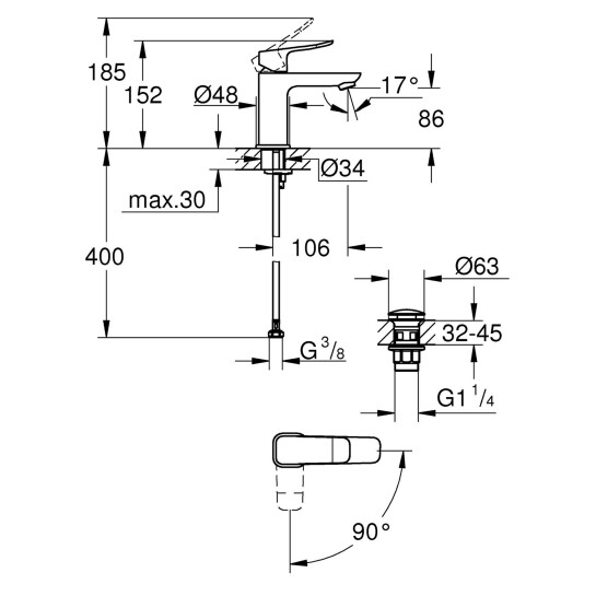 Додаткове фото - Змішувач для раковини Grohe QuickFix Dice ES S-Size 1018610000 з донним клапаном