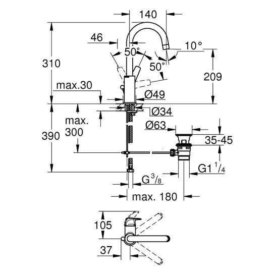 Додаткове фото - Змішувач для раковини Grohe Start Flow L-Size 23811000 з донним клапаном