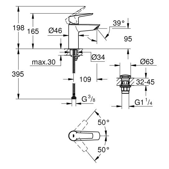 Додаткове фото - Змішувач для раковини Grohe QuickFix Start S-Size 23550002 з донним клапаном